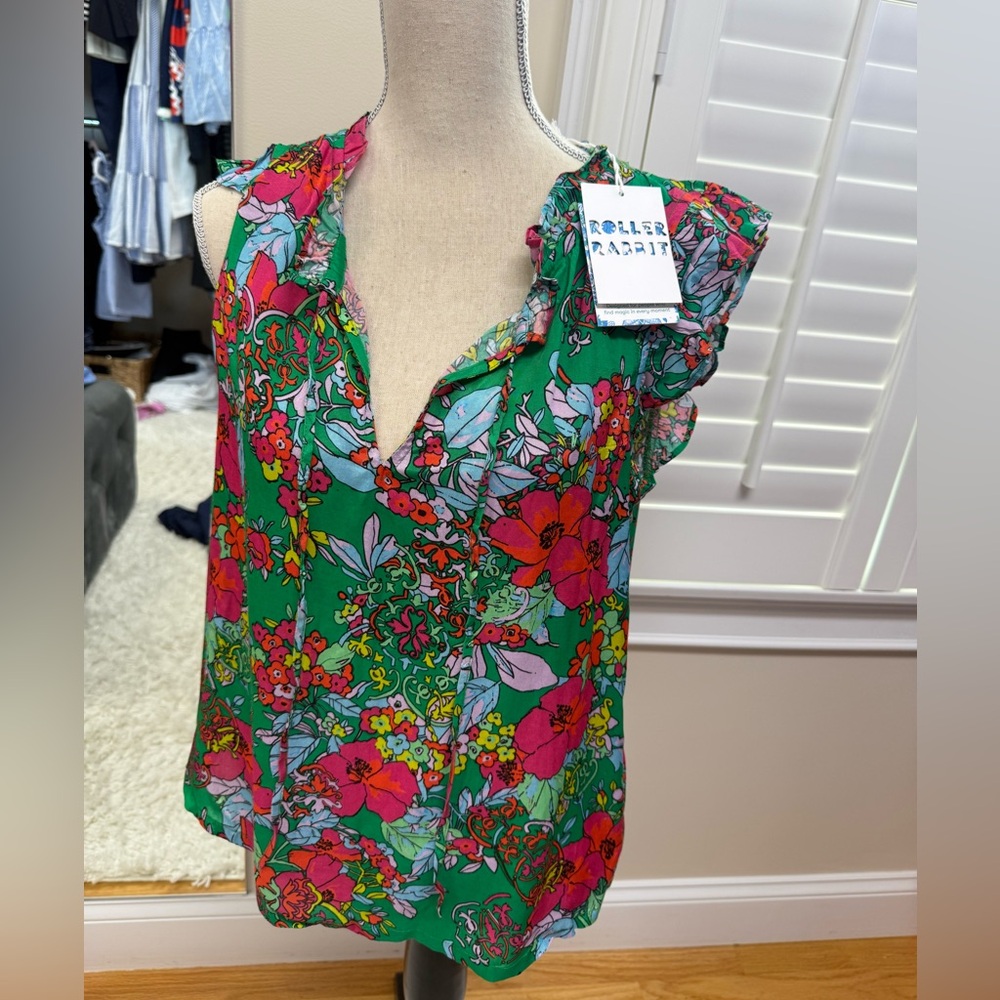 NWT Roller Rabbit Green Ruffled Floral Blouse